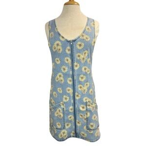 SO Denim Floral Jumper Dress Medium Zip Front Mini  Schoolgirl Boho Sunflowers